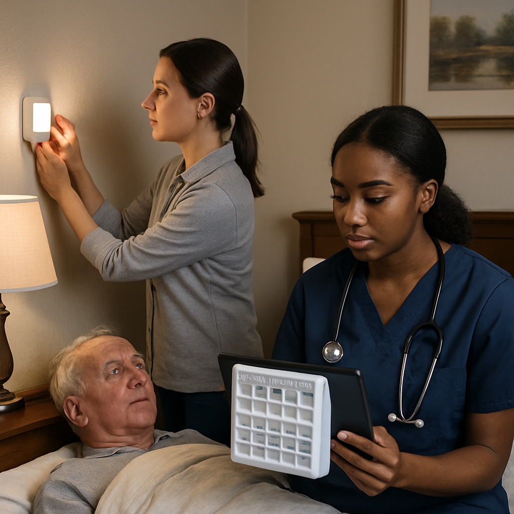 Photo realistic image of a caregiver adjusting a motion-sensor night light in a senior's bedroom while an RN reviews a MedMinder dispenser on a tablet; professional, calm mood