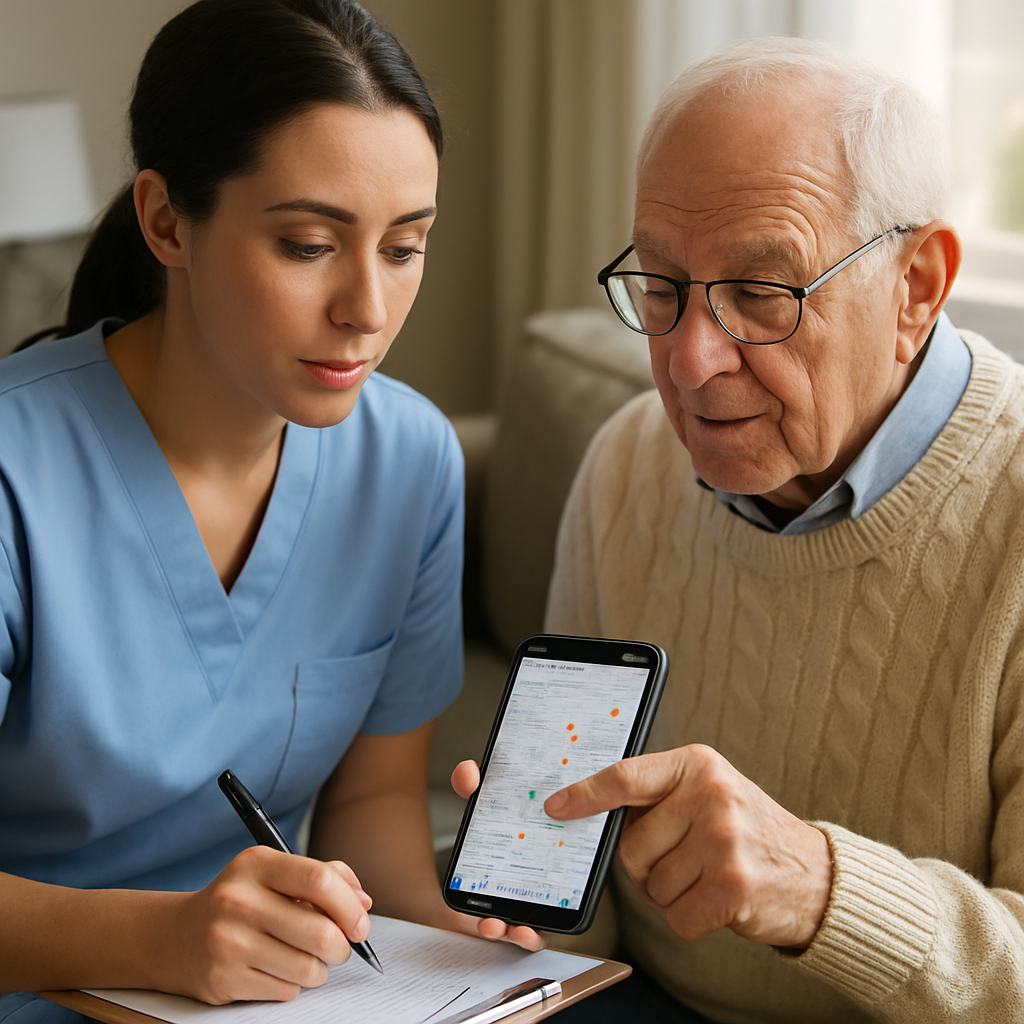 Photo realistic image of a caregiver and an older adult at home reviewing a smartphone showing Google Maps results for local home healthcare agencies; clipboard with notes visible; professional, calm mood