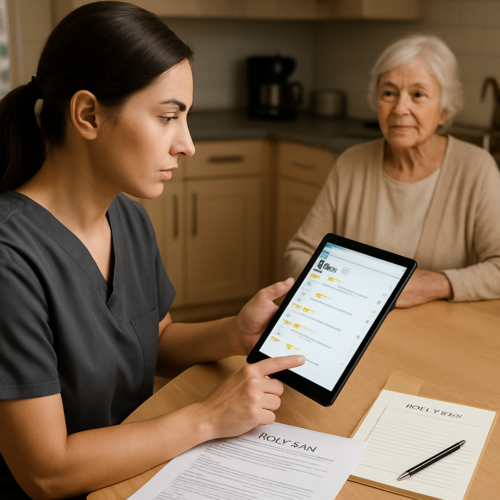 Photo realistic image of a family caregiver sitting at a kitchen table, tablet open to a Google Reviews page for home healthcare agencies while a printed sample care plan and a notepad with questions are visible; professional, calm mood