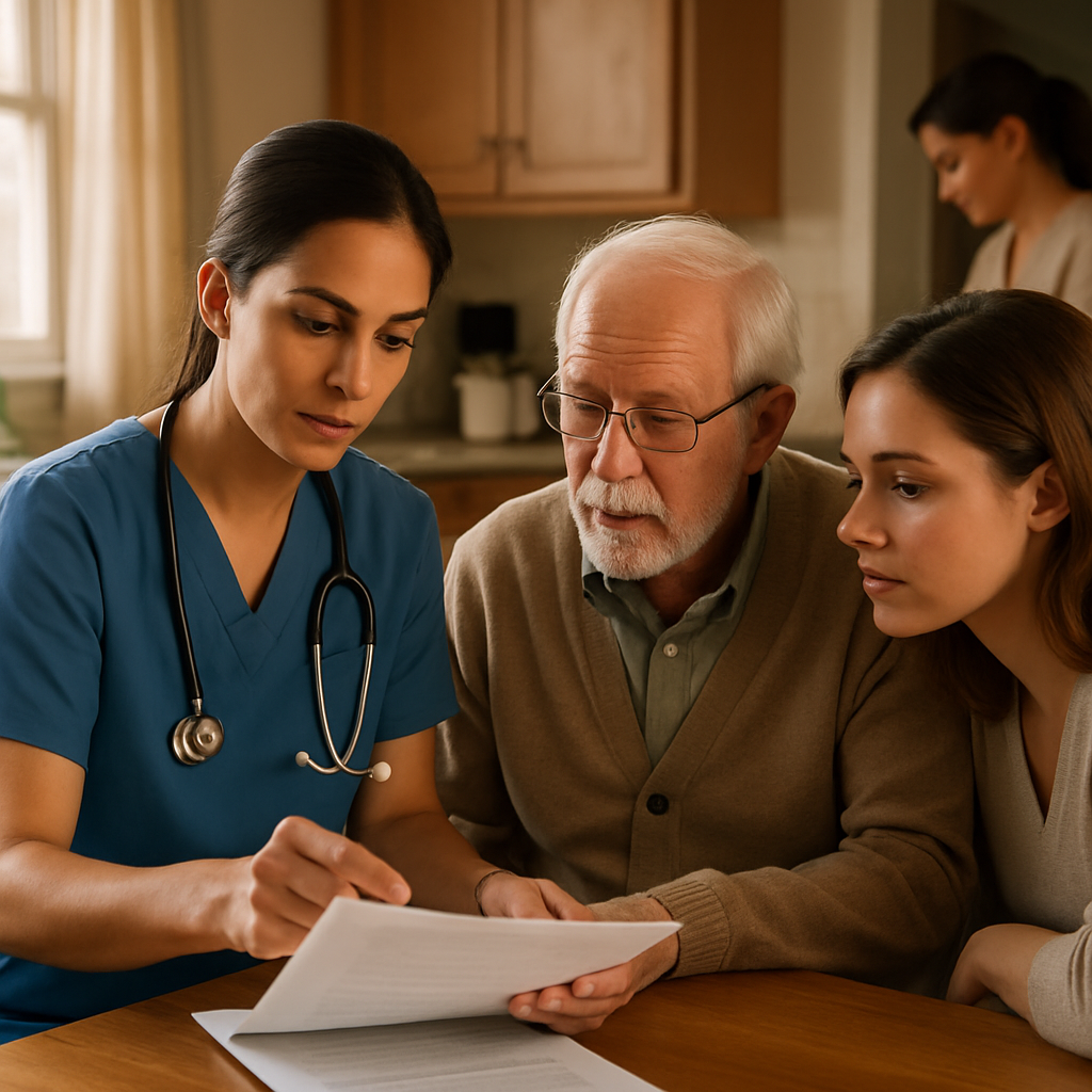 Photo realistic image of a registered nurse reviewing a written care plan with an elderly patient and a family member at the kitchen table, caregiver in the background preparing a medication tray, warm natural lighting, professional, candid