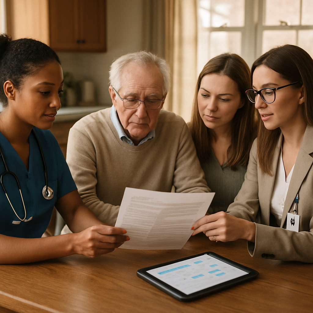 Photo realistic image of a Registered Nurse and a Care Coordinator from a home health agency reviewing a printed care plan with an elderly patient and an adult child at a kitchen table, tablet showing scheduling software, warm natural light, professional mood