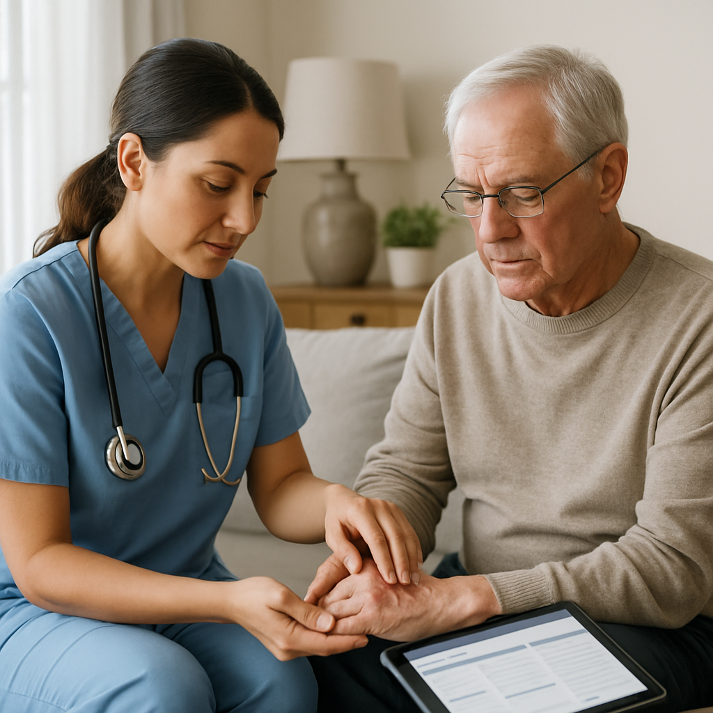 A professional photo-realistic image of a registered nurse in a home living room performing a wound assessment on an older adult, with a tablet showing a care plan; lighting natural, mood professional and calm