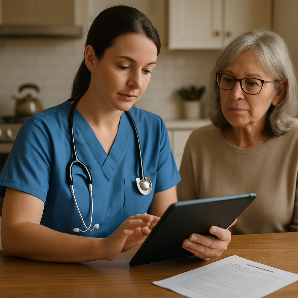 Photo realistic image of a registered nurse completing a home assessment on a tablet at a kitchen table, with a family member listening and a printed care plan visible; natural light, professional and calm mood