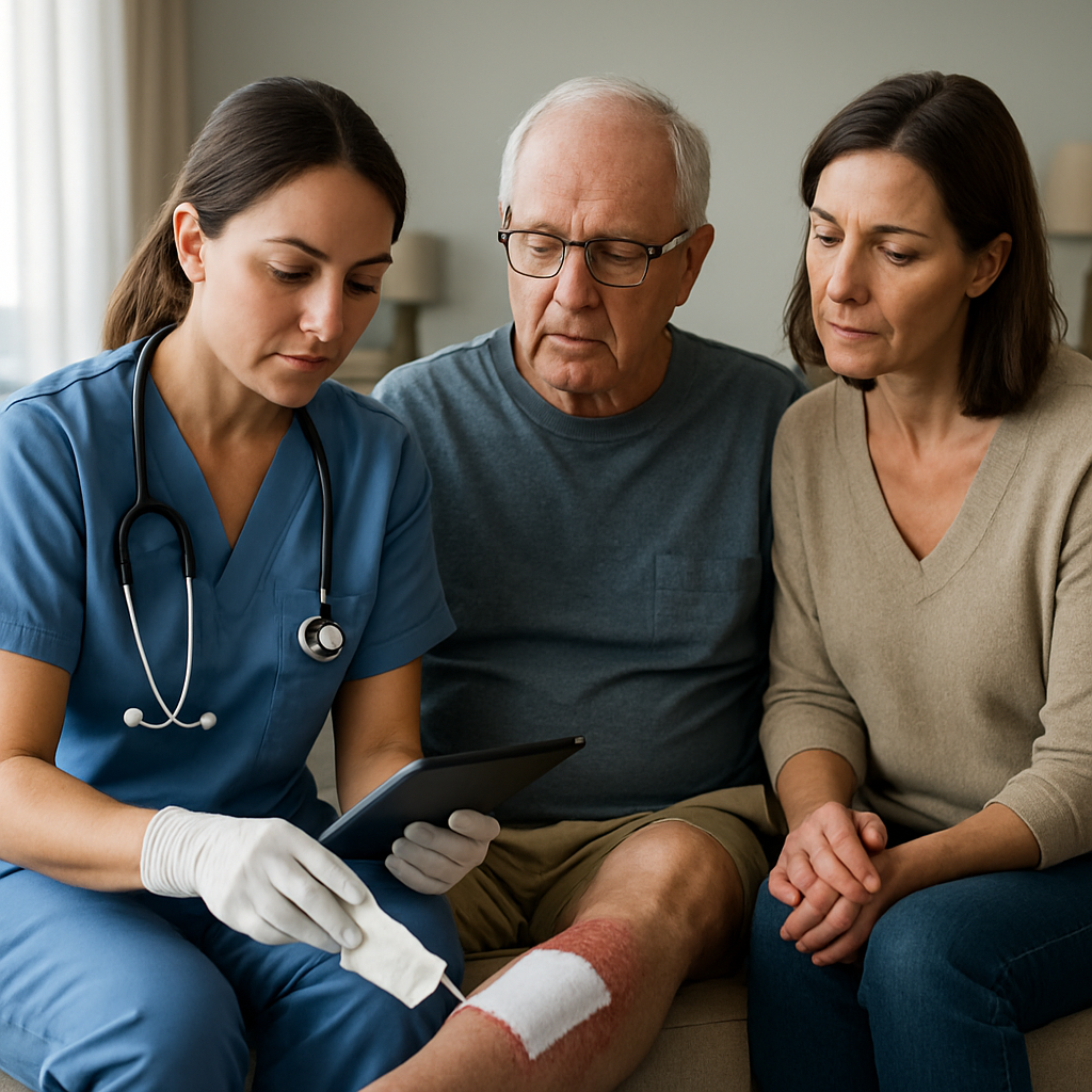 A registered nurse in a clean, professional home environment providing complex wound dressing and documenting care on a tablet while a family member observes; photo realistic, professional, calm mood