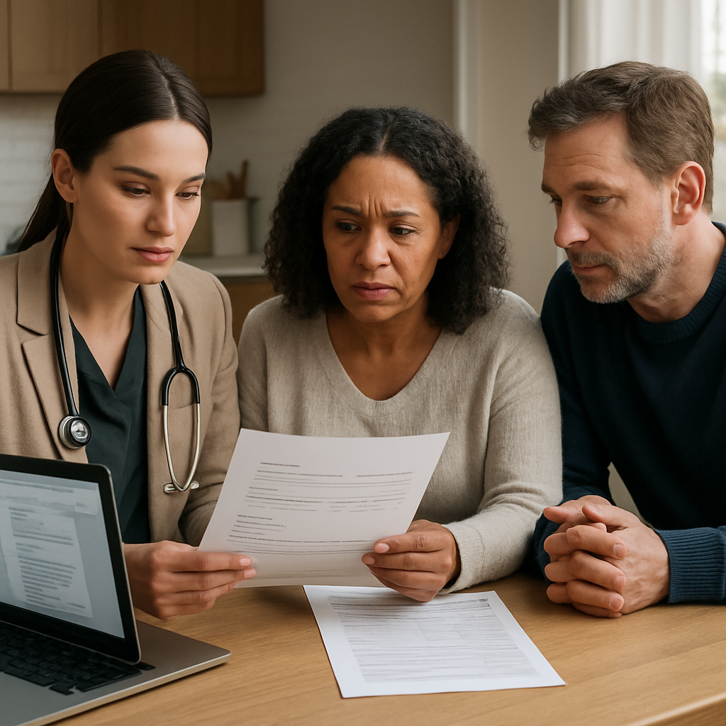 A clinical coordinator and a family reviewing an itemized private duty nursing quote at a kitchen table, laptop open showing a care-plan document, professional and calm atmosphere; photo realistic