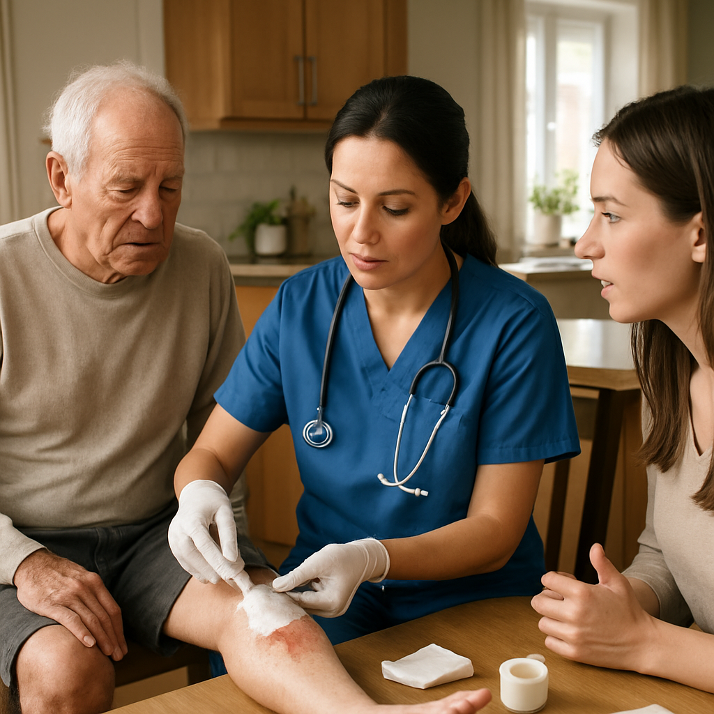 Photo realistic image of a registered nurse performing wound dressing on an elderly patient's leg at a kitchen table, nurse explaining care to an adult child, clean home setting, professional mood