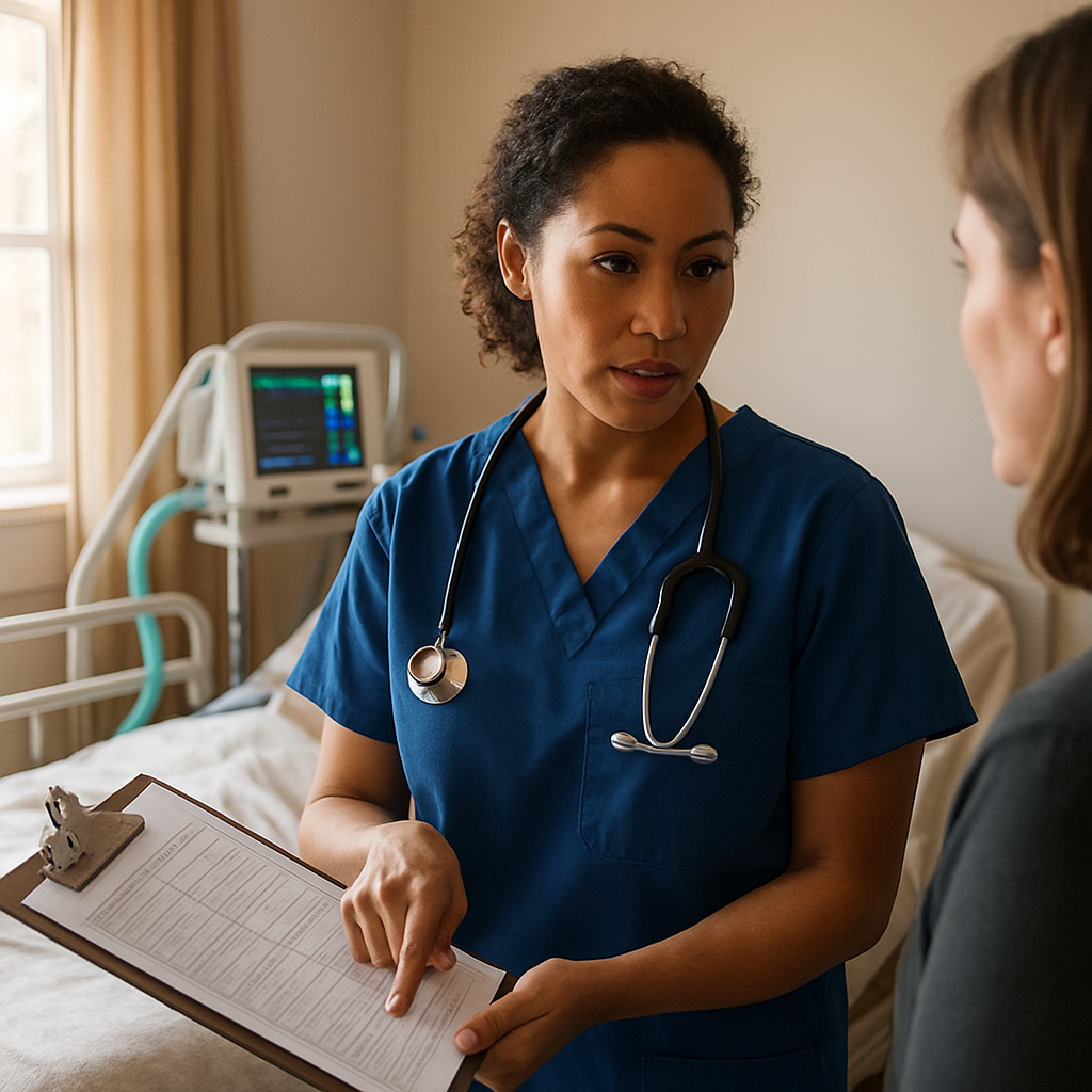 Photo realistic image of a Registered Nurse conducting a shift handover at a family home: nurse pointing to a written care plan on a clipboard beside a hospital-style bed, medical equipment (ventilator) visible, warm natural light, professional mood