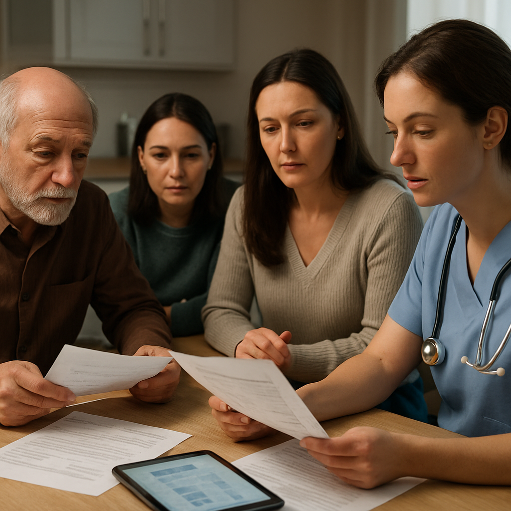 Photo realistic image of a family at a kitchen table reviewing an itemized home nursing invoice and care plan with a nurse: printed documents, a tablet displaying a schedule, calm professional lighting, practical and focused mood