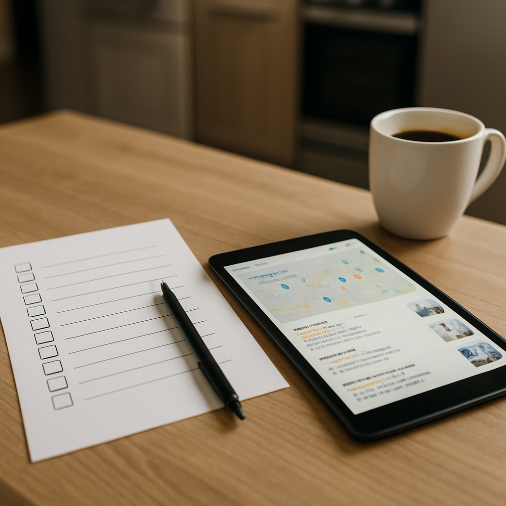 A printed checklist on a kitchen table beside a tablet showing search results for home health services near me, with a pen and a coffee cup; photo realistic, professional mood