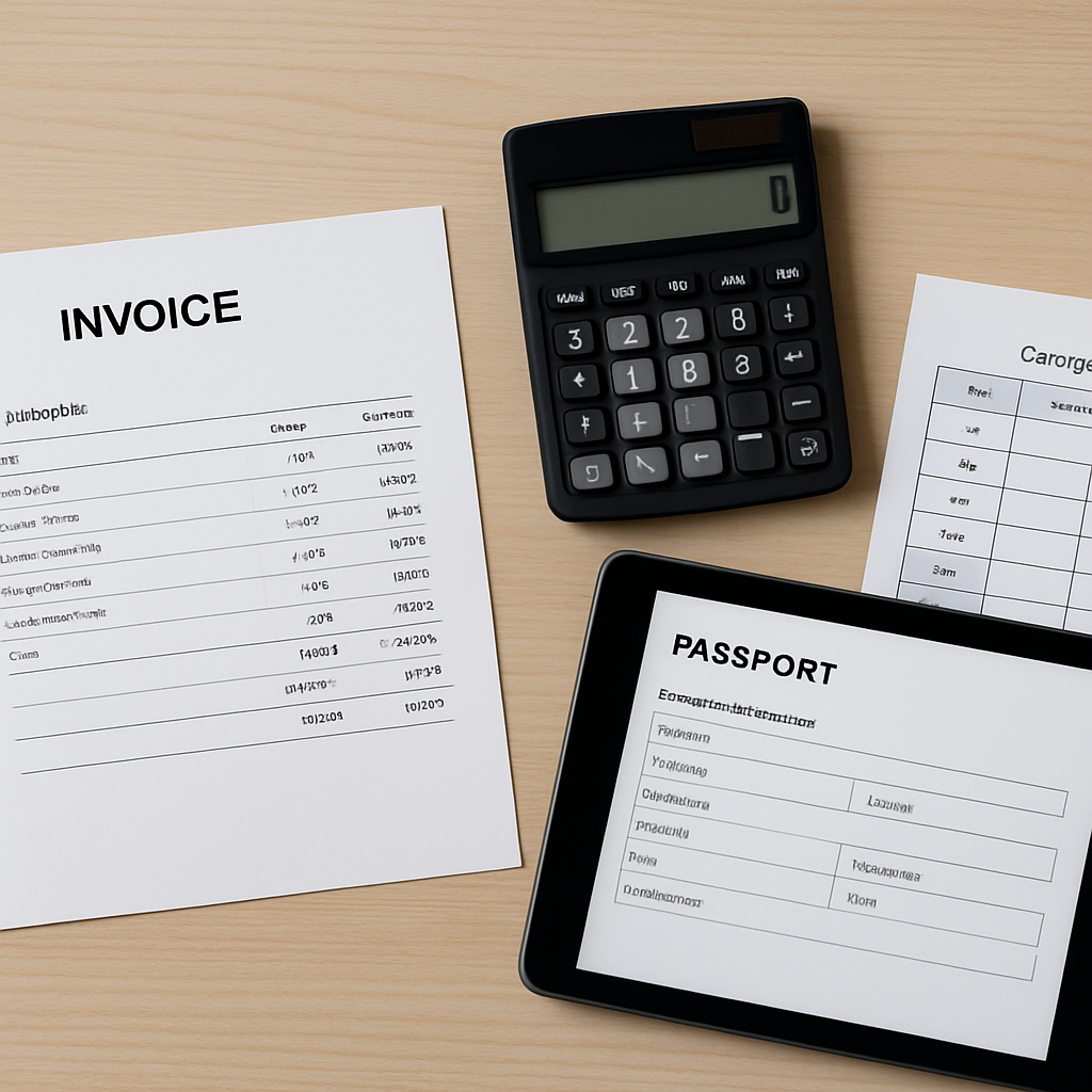 A clear desk scene with a printed itemized invoice for home health services, a calculator, a tablet showing a Passport funding application page, and a caregiver schedule sheet; photo realistic, professional mood