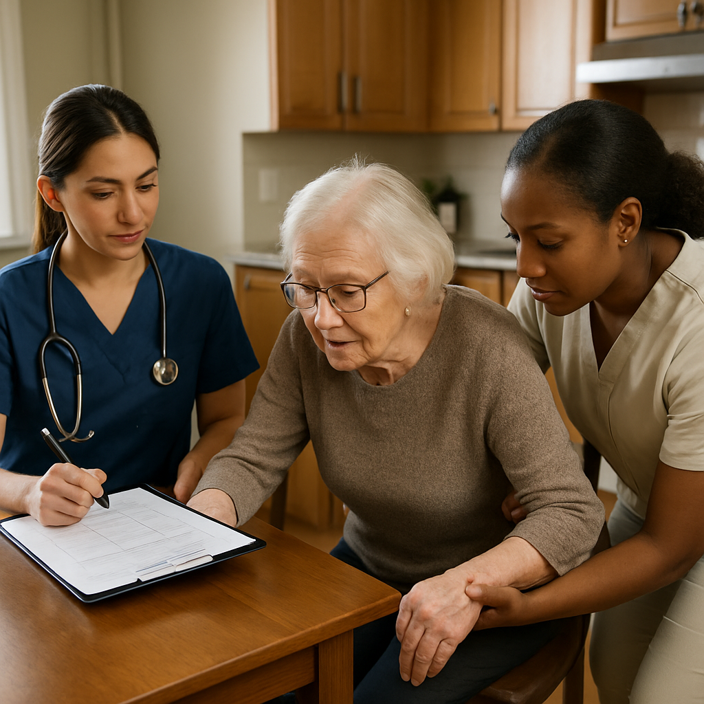 A registered nurse and a personal support worker conducting an in-home functional assessment with an elderly woman seated at a kitchen table, nurse reviewing a checklist, PSW demonstrating safe transfer technique, photo realistic