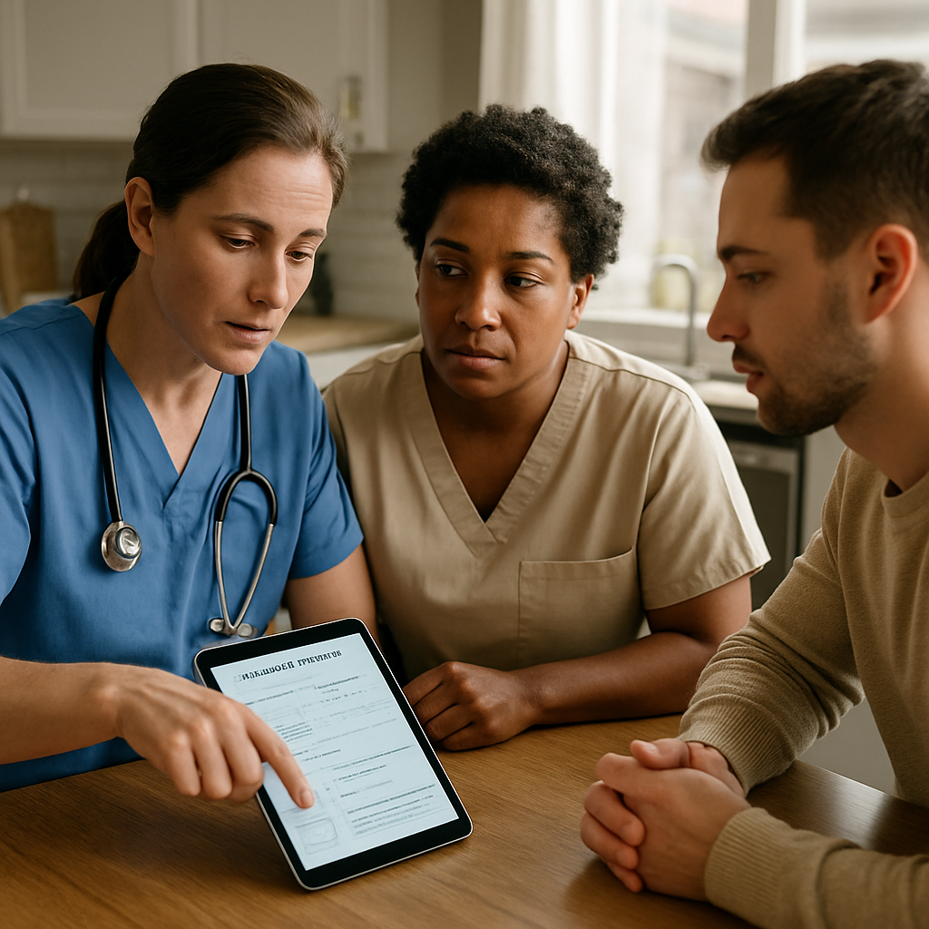 A Registered Nurse and a Personal Support Worker reviewing a personalized care plan at a kitchen table with an adult child, nurse pointing to a tablet showing visit schedule and goals, natural lighting, photo realistic