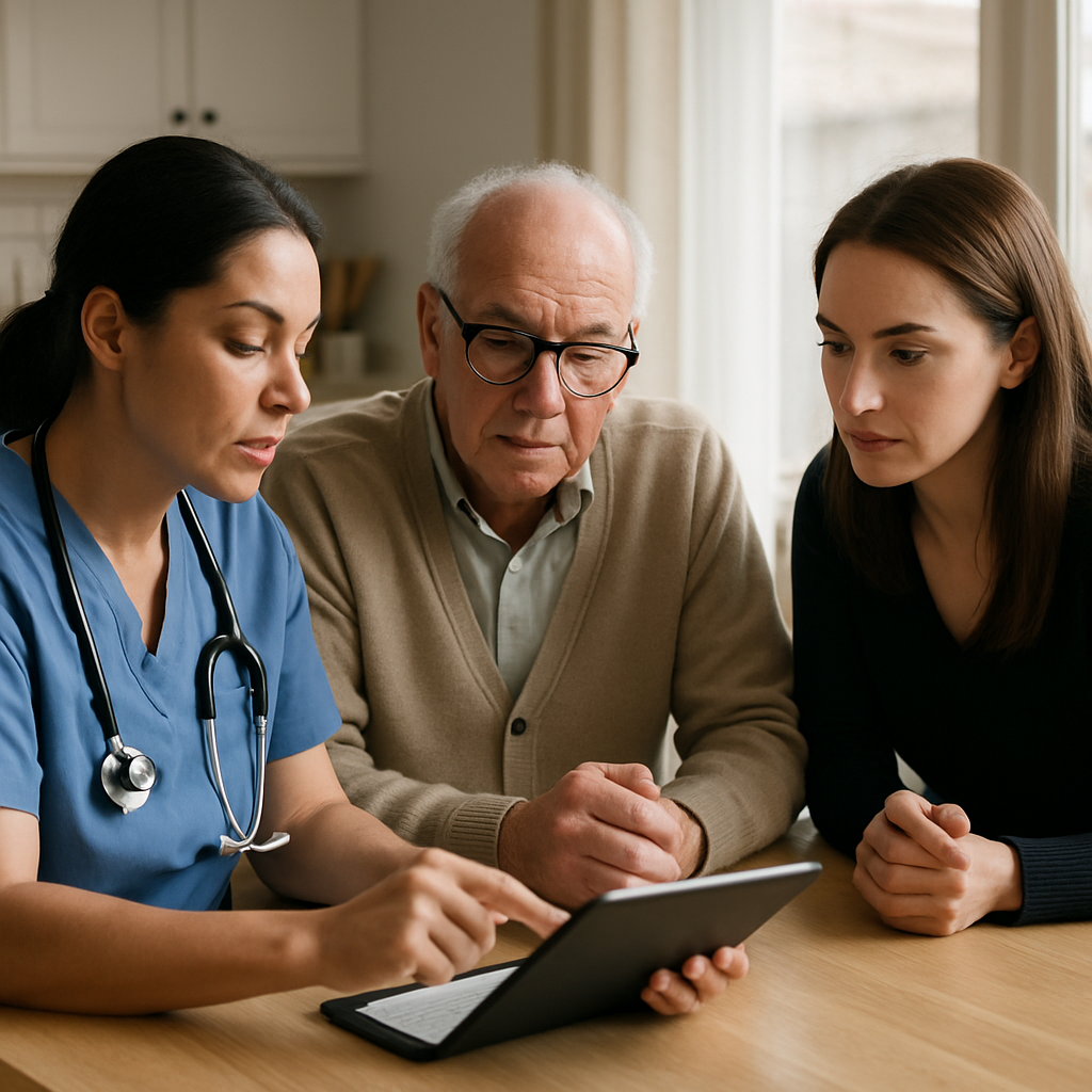 Photorealistic image of a registered nurse reviewing a care plan at a kitchen table with an older adult and an adult child, professional mood, natural lighting, home setting, showing a tablet with visit notes