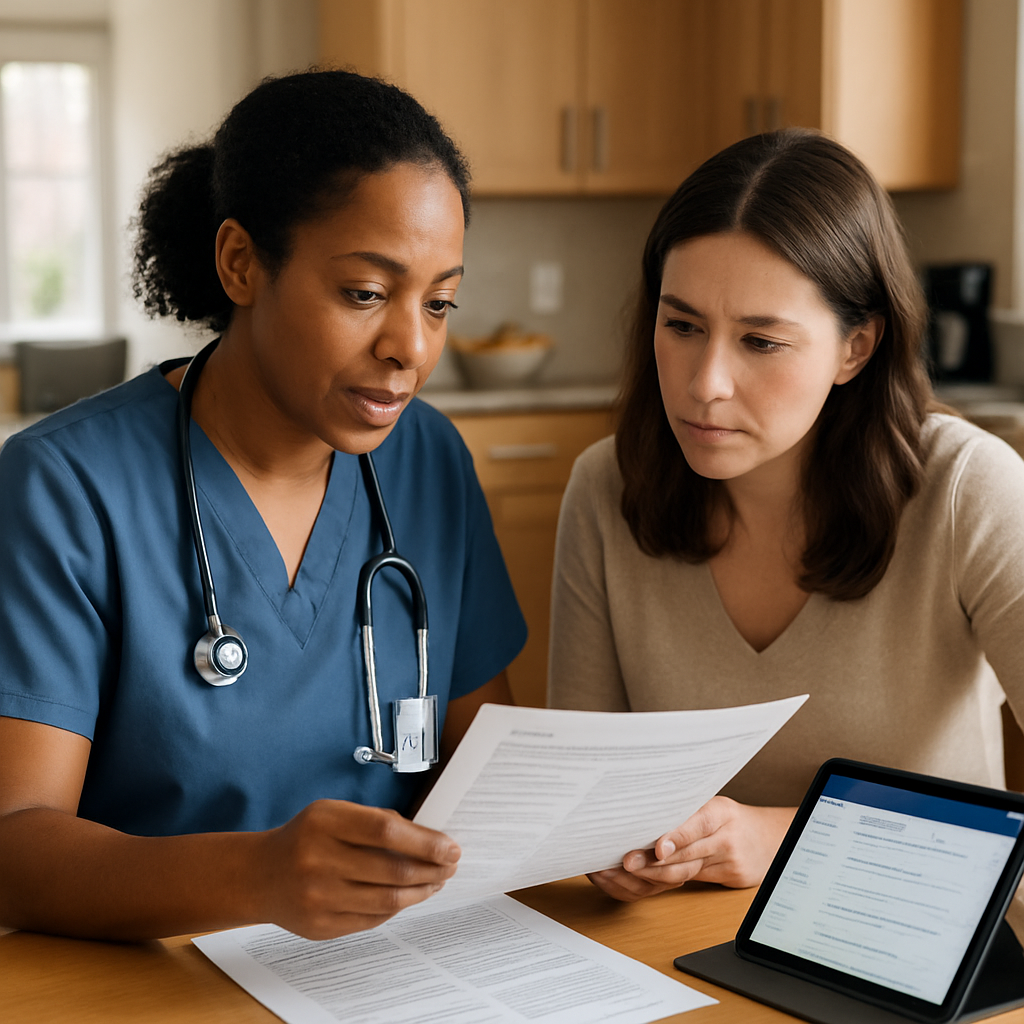 Photorealistic image of a registered nurse and an adult child sitting at a kitchen table reviewing a printed care plan with a tablet displaying electronic visit notes; professional, natural light, home environment