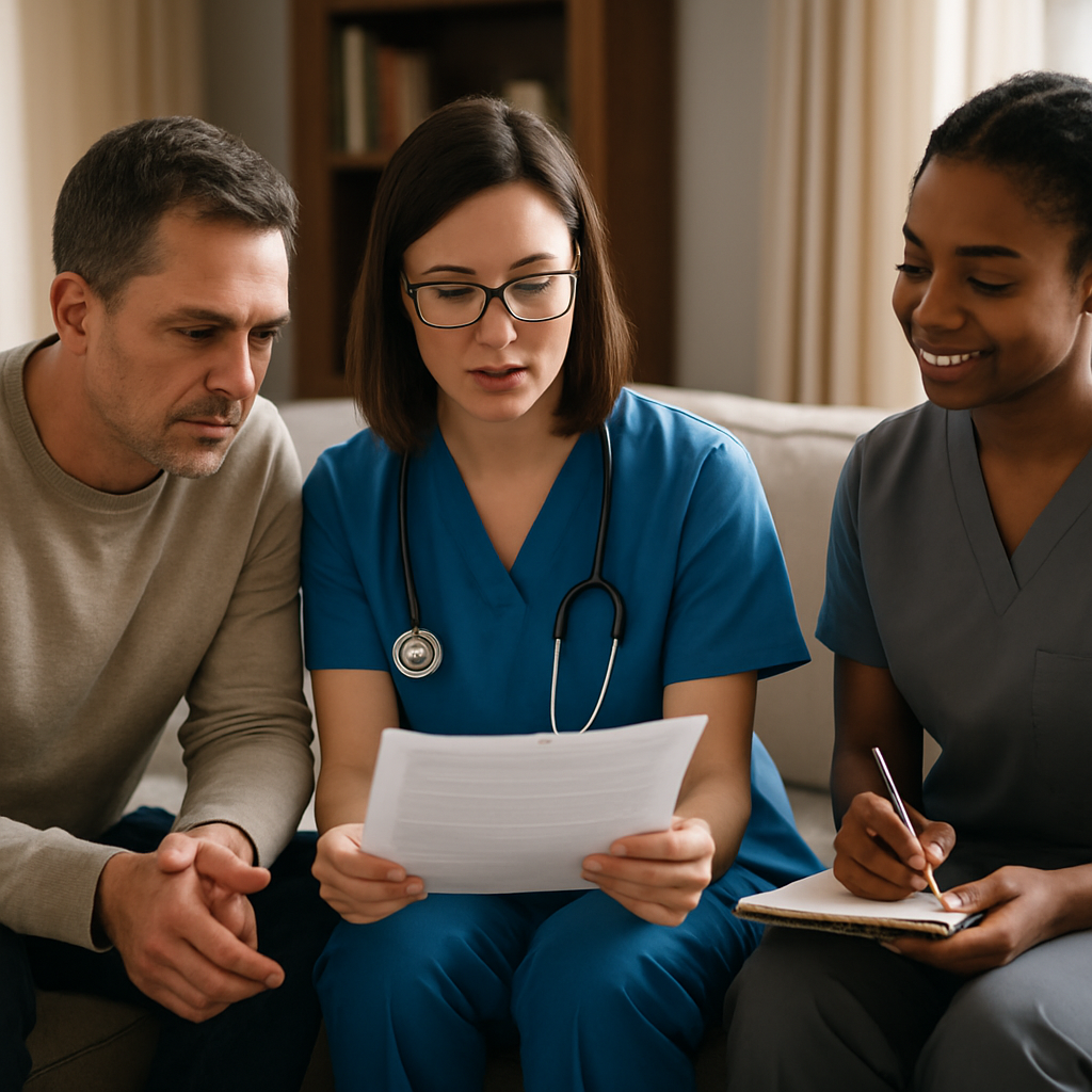 A professional home health team meeting in a living room: a Registered Nurse reviewing a written care plan with a family member while a Personal Support Worker takes notes. Photo realistic, professional mood