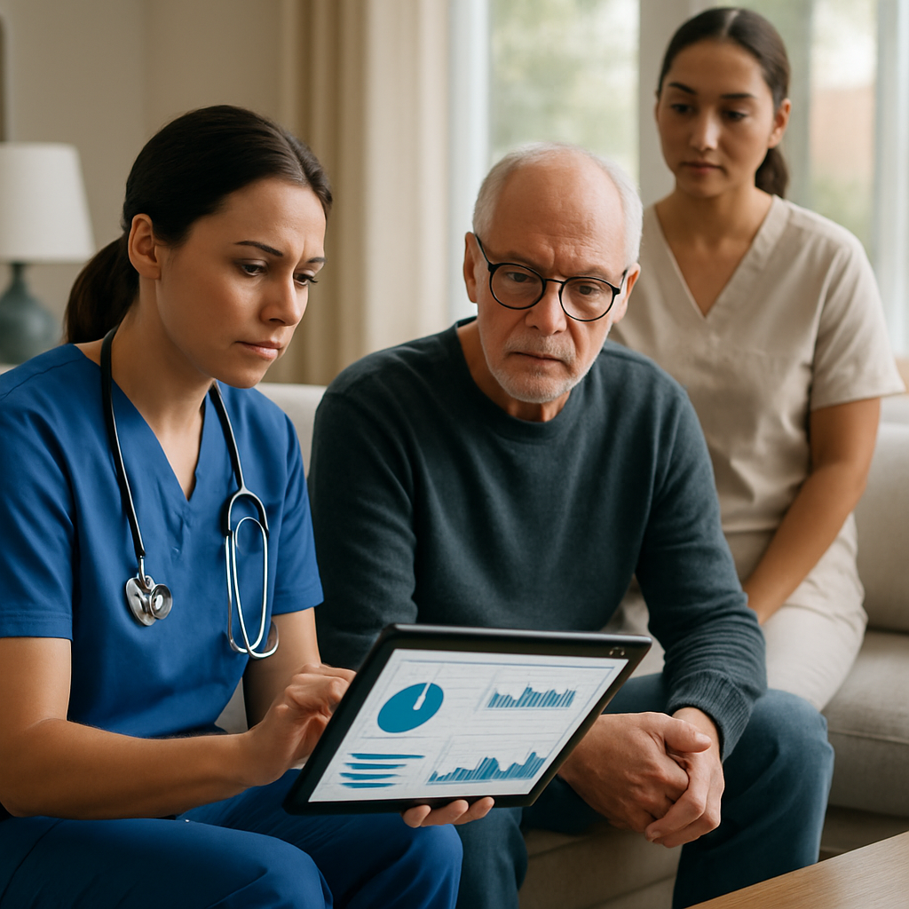 Photo realistic image of a Registered Nurse reviewing an agency quality dashboard on a tablet with a family member in a living room while a Personal Support Worker stands by. Professional, analytical mood.