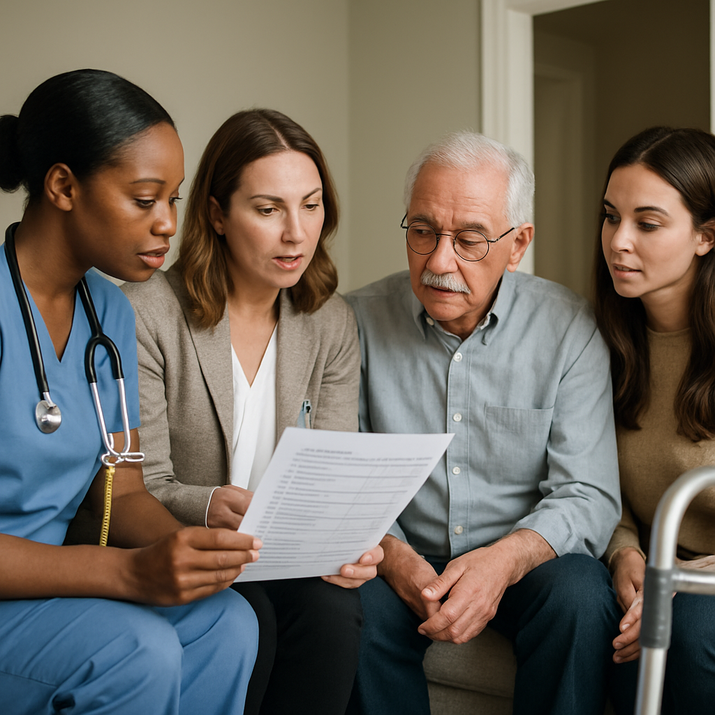 Photo realistic image of a Registered Nurse and an occupational therapist reviewing a printed home assessment checklist with an older adult and adult child in a living room. Show measuring tape, doorway in background, and a walker nearby. Professional, calm mood.