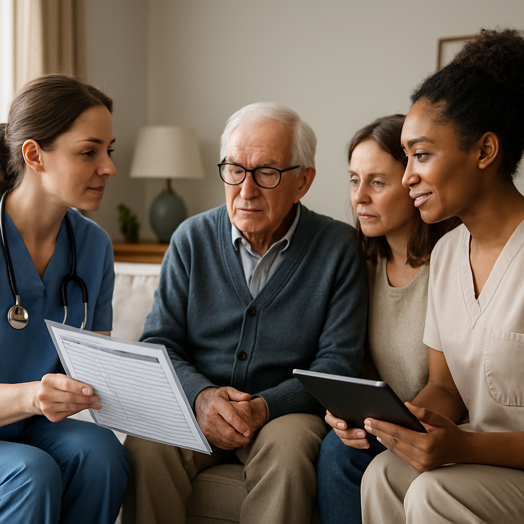 Photo realistic image of a Registered Nurse and a Personal Support Worker doing a brief in-home handover with an older adult and adult child. Show a laminated handover sheet, a digital tablet, and a calm living room environment. Professional, practical mood.