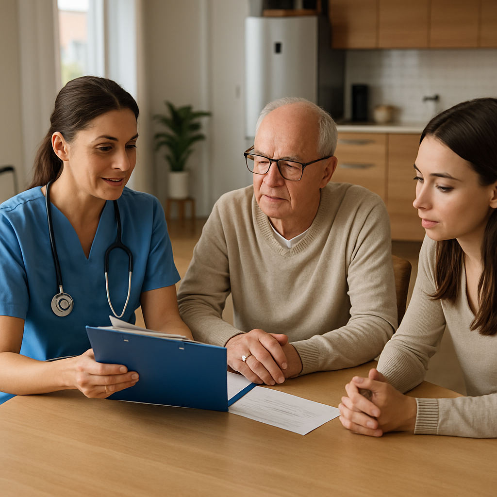 A professional photo realistic image of a home recovery scene: a registered nurse reviewing a care plan at a kitchen table with an older adult patient and an adult child, a physiotherapy exercise mat visible in the background, medical equipment such as a walker discreetly placed, mood professional and compassionate