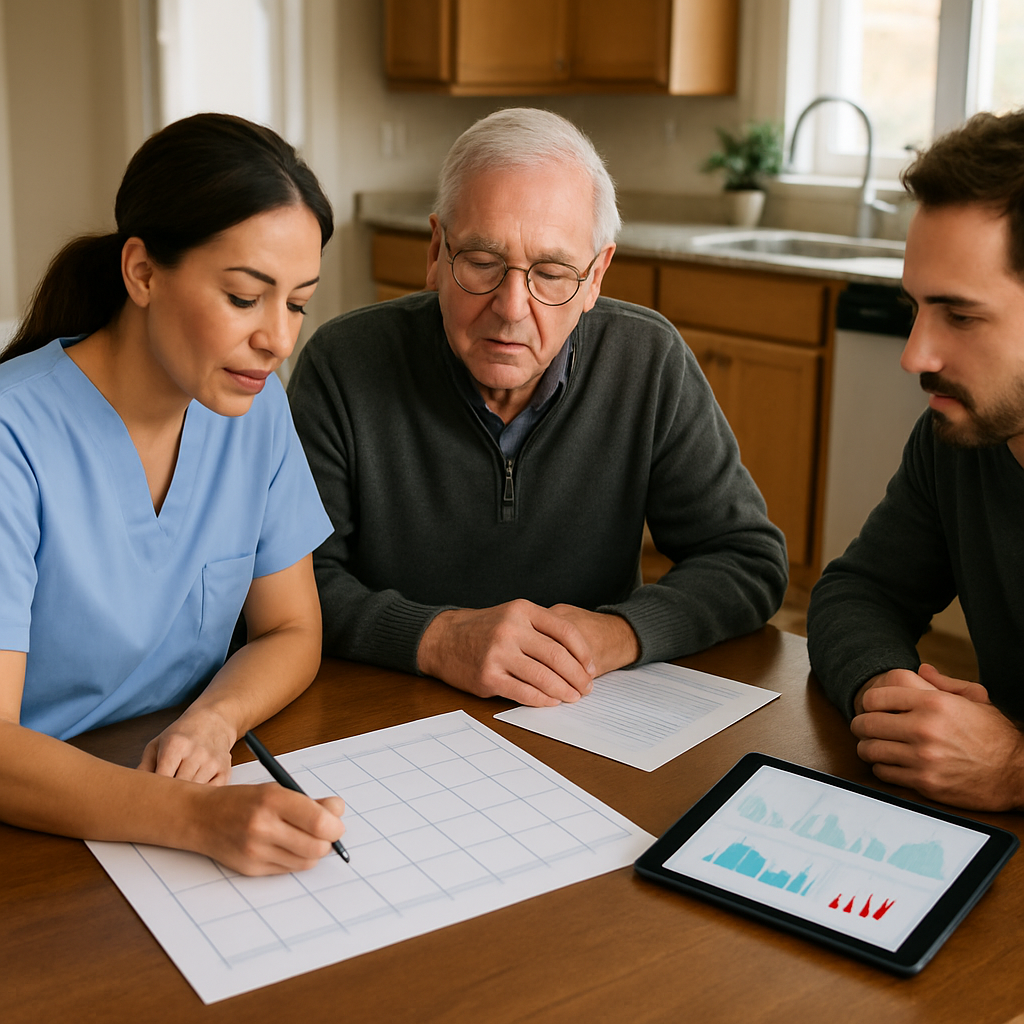 Photo realistic image of a nurse and a care coordinator at a kitchen table completing a two-week written timeline with an older adult and an adult child; visible items include a walker, a discharge summary, and a tablet showing remote monitoring graphs, mood professional and practical