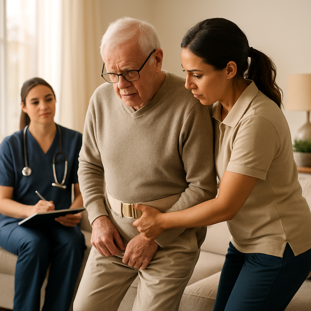 Photo realistic image of a professional home aide assisting an elderly person with a gait belt during a standing transfer in a bright living room while an RN observes and takes notes, respectful and safe technique, warm lighting