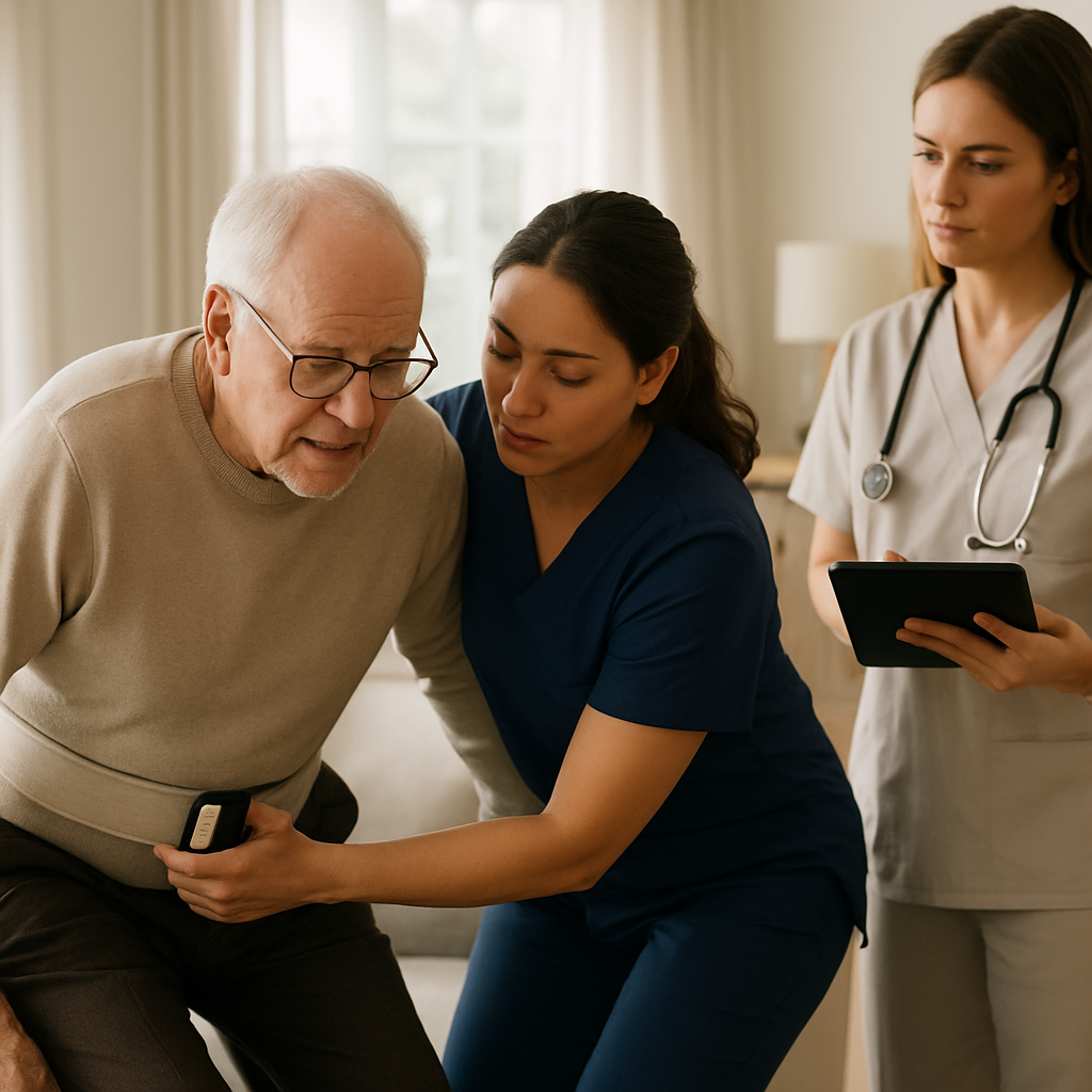 Photo realistic image of a home aide conducting a supervised trial shift: assisting an elderly person with a gait belt for a stand-to-pivot transfer while an RN observes and takes notes on a tablet in a bright living room, professional and attentive mood