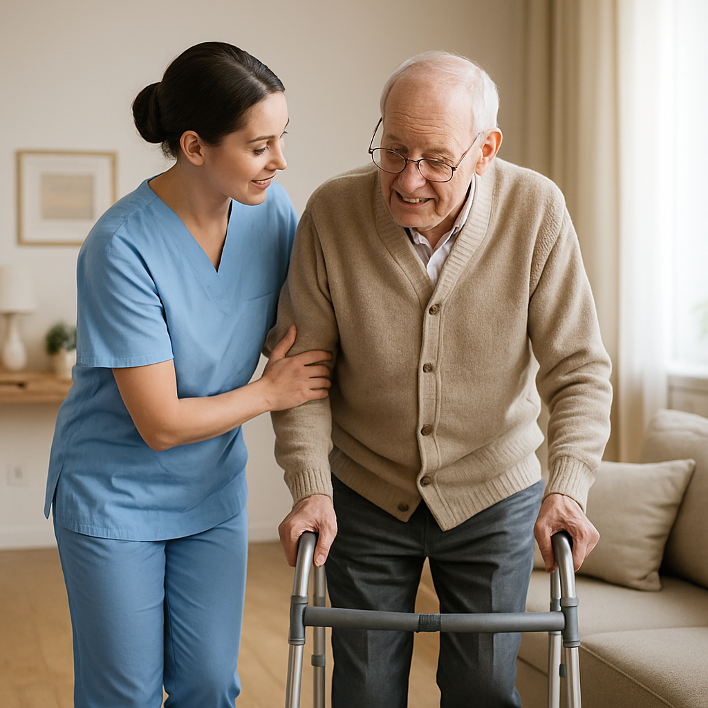 Photo realistic image of a Personal Support Worker assisting an elderly person with standing and walking at home, showing a small mobility aid, clear floor space, and a neat, well lit living room; professional mood, compassionate interaction, daytime setting