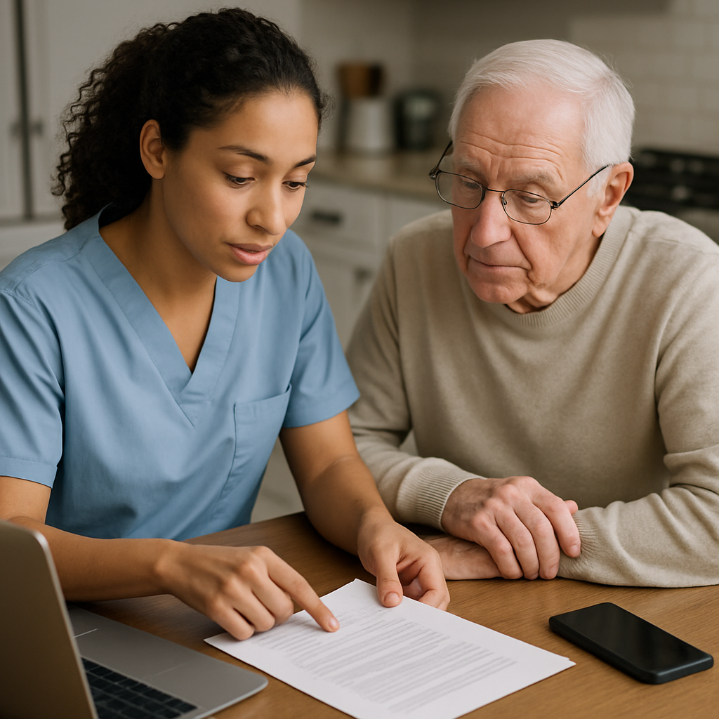 Photorealistic image of a caregiver and family member reviewing a one page written care plan at a kitchen table with a laptop and phone nearby, professional and calm mood