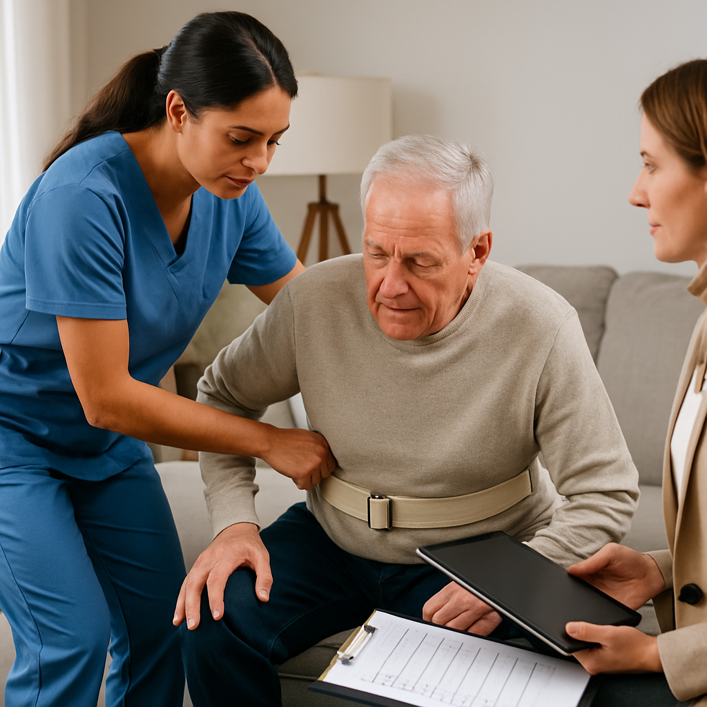 Photorealistic image of a caregiver demonstrating a safe transfer with a gait belt to an interviewer in a living room setting, checklist and tablet visible, professional and calm mood