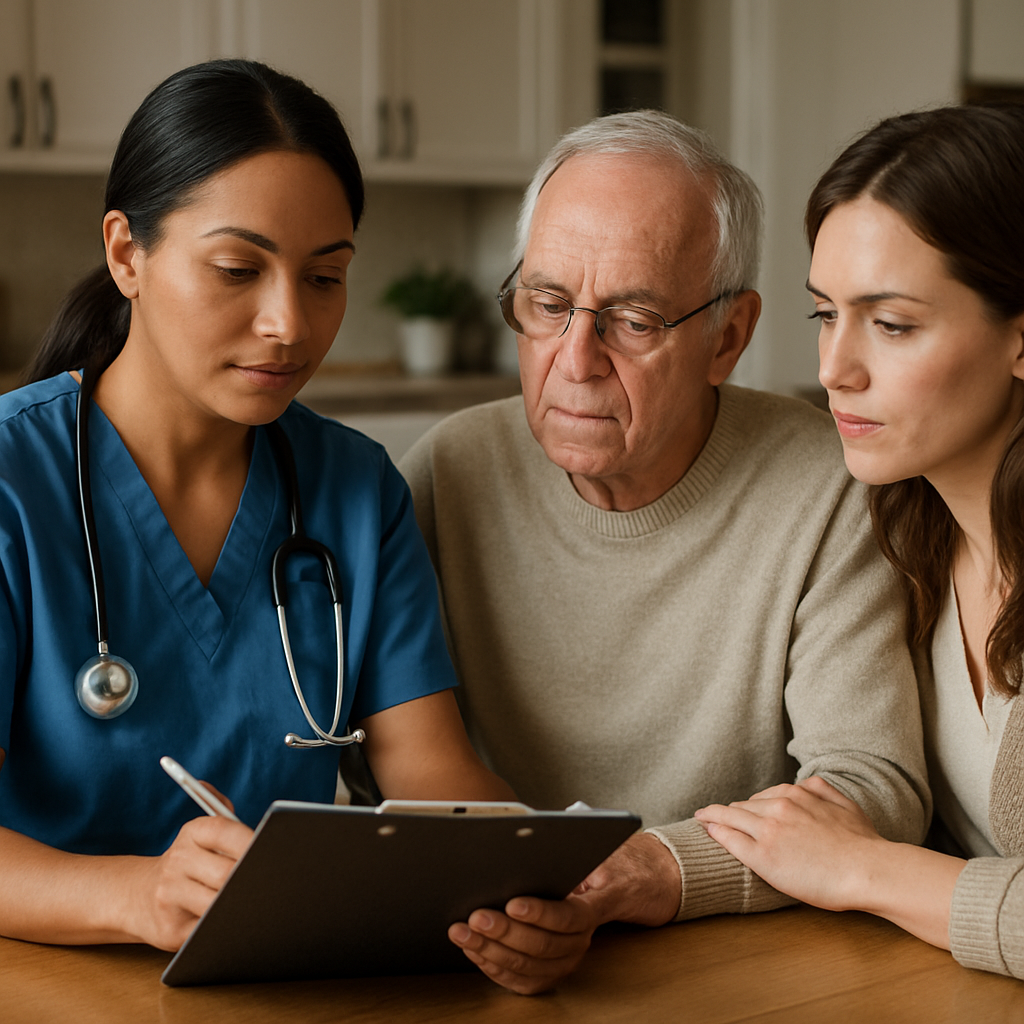 Professional, photo realistic image of a Registered Nurse reviewing a care plan at a kitchen table with an older adult and a family member, showing a clipboard, gentle interaction, and a home setting. Mood professional and calm.