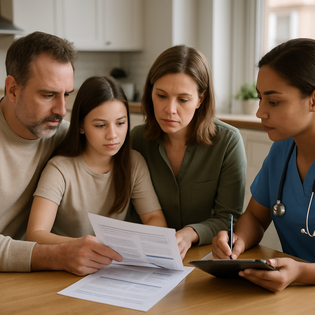 Photo realistic image of a family and a care coordinator seated at a kitchen table reviewing a printed care-and-funding plan with a nurse taking notes on a tablet; mood professional and pragmatic.
