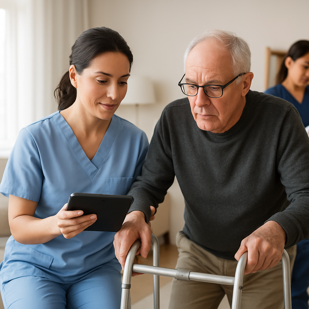 A professional, photorealistic image of a Personal Support Worker assisting an older adult at home with mobility support, in a bright, tidy living room; the caregiver is taking notes on a tablet while an RN reviews a wound dressing in the background; mood professional and practical