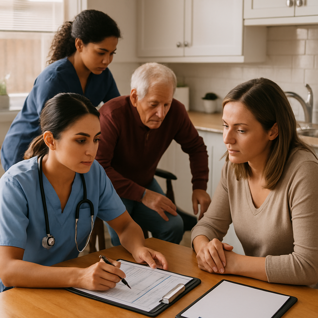 Photorealistic image of a Registered Nurse and a Personal Support Worker conducting a joint home visit: RN reviews a medication chart with family at the kitchen table while PSW demonstrates a safe transfer technique; visible clipboards, natural light, professional and focused mood