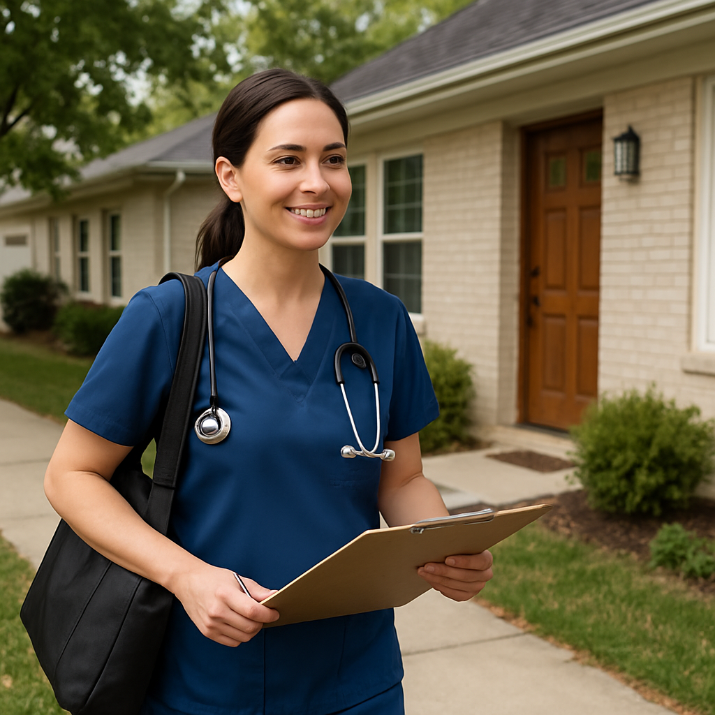 A professional home health nurse arriving at a suburban house for a daytime visit, holding a clipboard and wearing a clean uniform; natural light, candid photo realistic style, professional mood