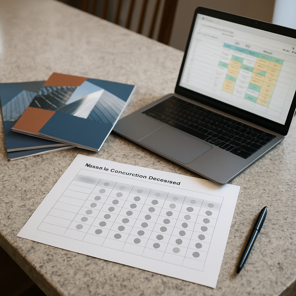 A printed provider comparison scorecard on a kitchen table with three agency brochures, a laptop open to a Google Sheet, and a pen; photo realistic, professional mood