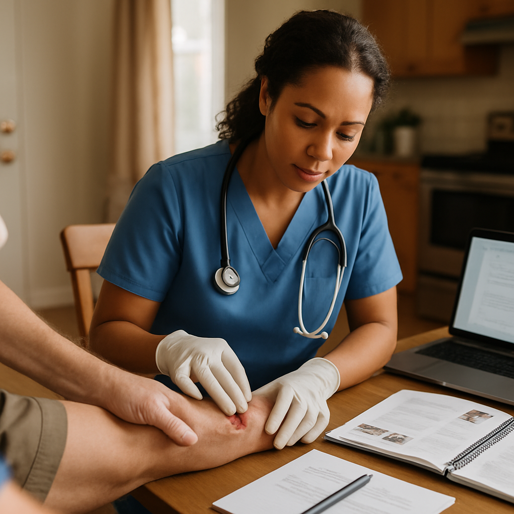 Photorealistic image of a Registered Nurse in Ontario conducting a wound assessment at a kitchen table in a home setting, wearing professional scrubs, with visible training materials and a laptop showing patient notes; warm professional mood, daytime natural light