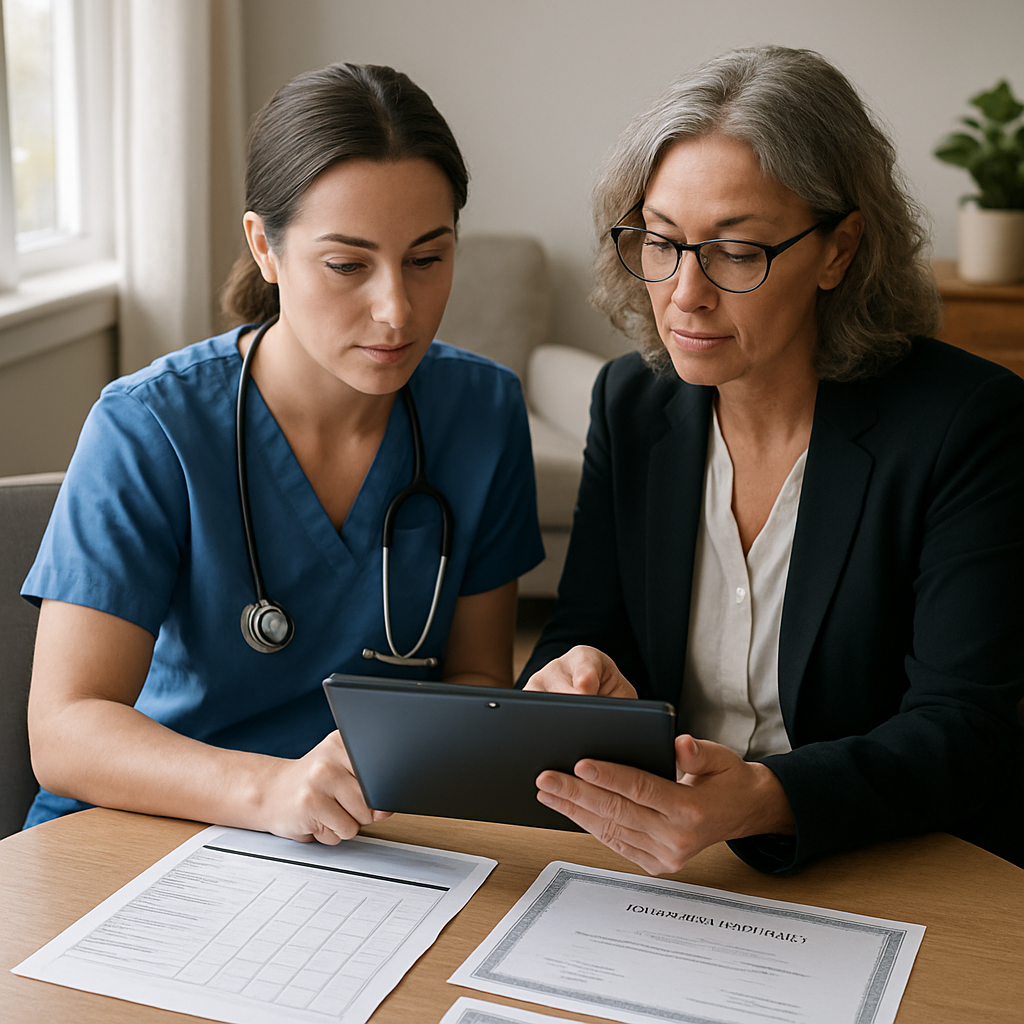 Photorealistic image of a Registered Nurse and a clinical educator in an Ontario home reviewing an audited care report on a tablet, with a competency checklist and training certificates visible on the table; professional, analytical mood