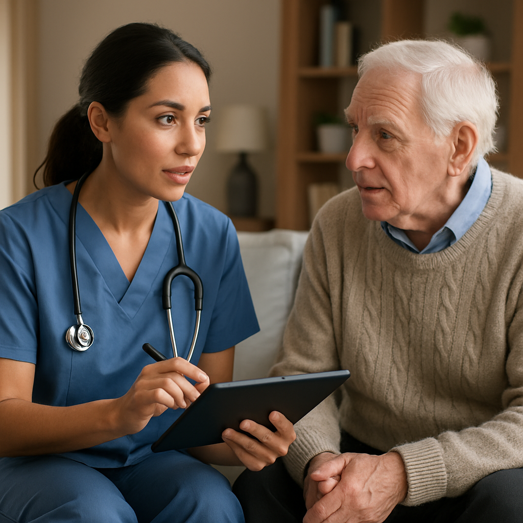 Professional photo realistic image of a nurse conducting a home visit, documenting care on a tablet while speaking with an elderly client in a living room setting, professional mood