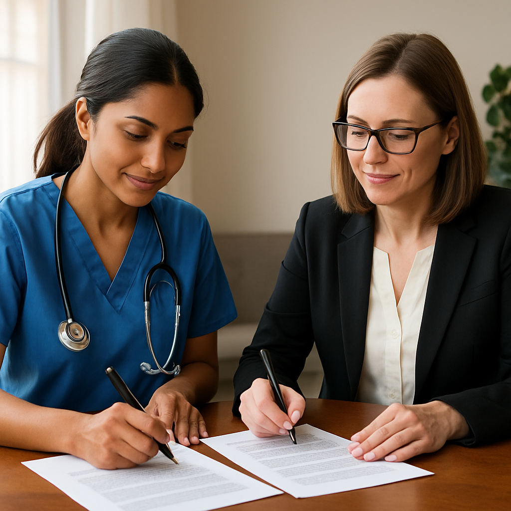 Photo realistic image of a student nurse and a home health employer representative signing a tuition sponsorship agreement across a table, documents visible, professional mood