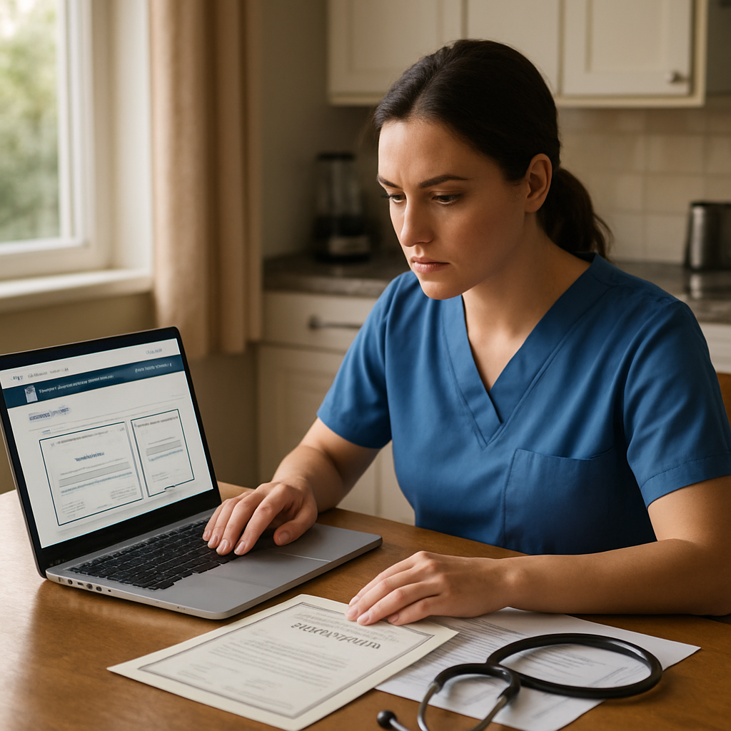 Photo realistic image of a nurse at a kitchen table reviewing certificates on a laptop, open browser showing a government medical regulator website, documents and a stethoscope nearby, professional mood