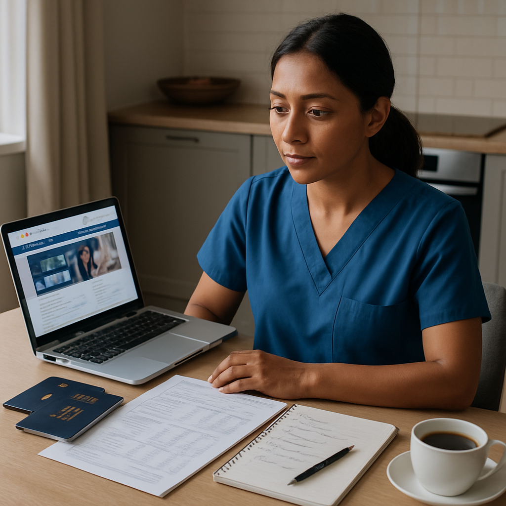 Photo realistic image of an internationally educated nurse sitting at a kitchen table with a laptop open to the College of Nurses of Ontario website, passports and certified transcripts spread out, a notebook with a checklist and a cup of coffee, professional mood