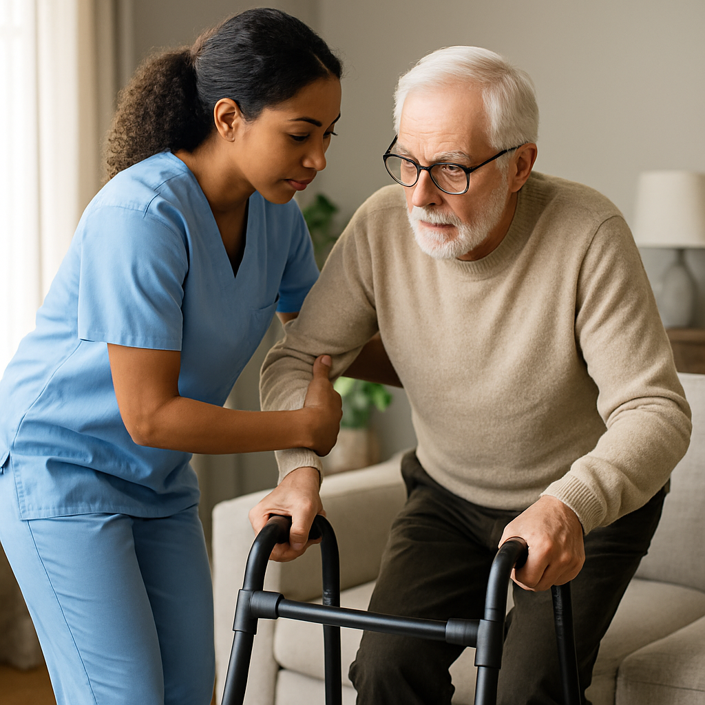 Photo realistic image of a Personal Support Worker assisting an older adult with mobility in a well-lit home living room; professional, compassionate interaction, showing safe transfer technique and use of mobility aid; mood professional