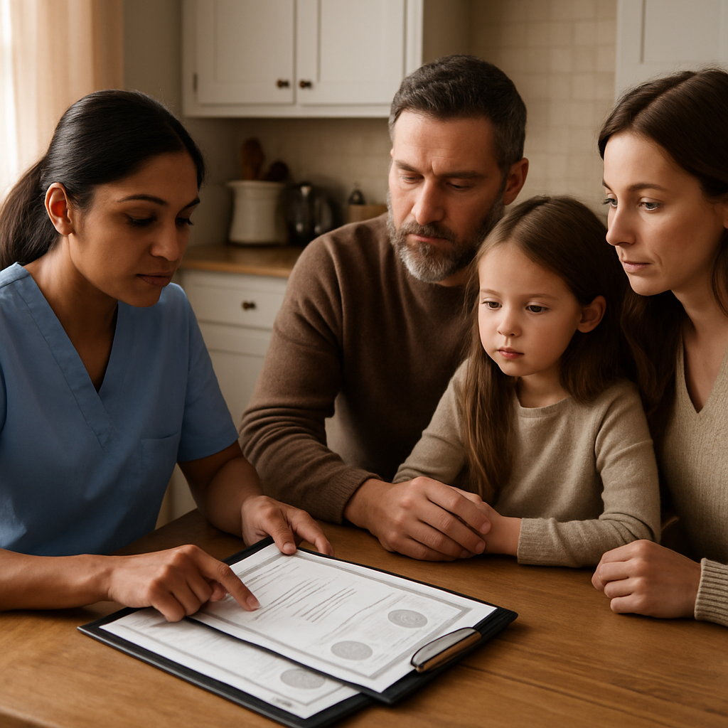 Photo realistic image of a professional reviewing credential documents with a family at a kitchen table: clipboard with certificate copies, a trained PSW in uniform, warm home setting, professional and focused mood