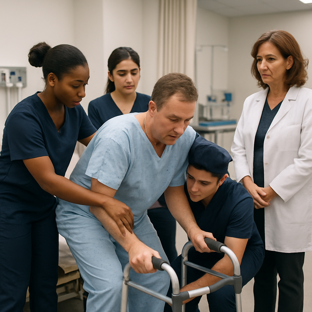 Photo realistic image of a PSW skills lab: three students practicing safe client transfer with a mobility aid under instructor supervision, realistic clinical lab setting, professional mood