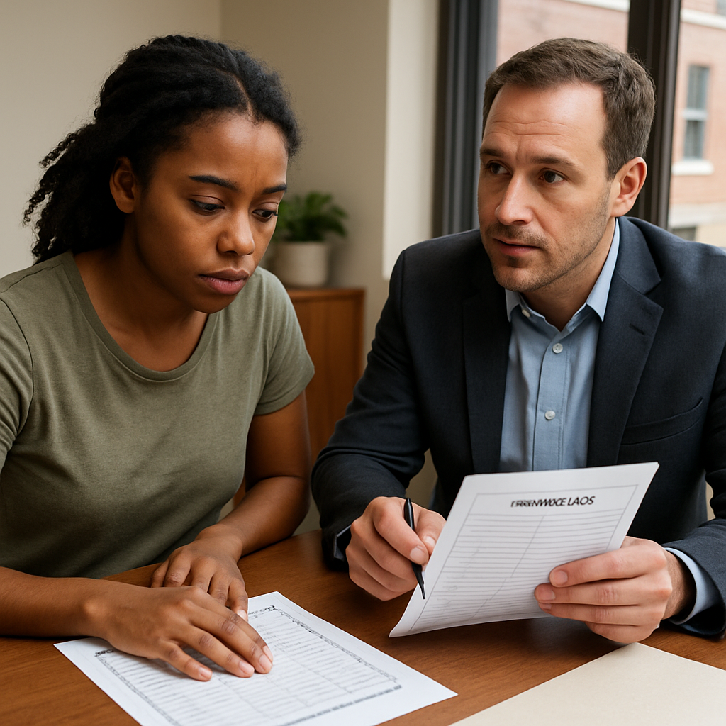 Photo realistic image of a student meeting an admissions officer to review PSW program costs and funding options, paperwork on the table showing a competency checklist and a financial aid form, professional and pragmatic mood