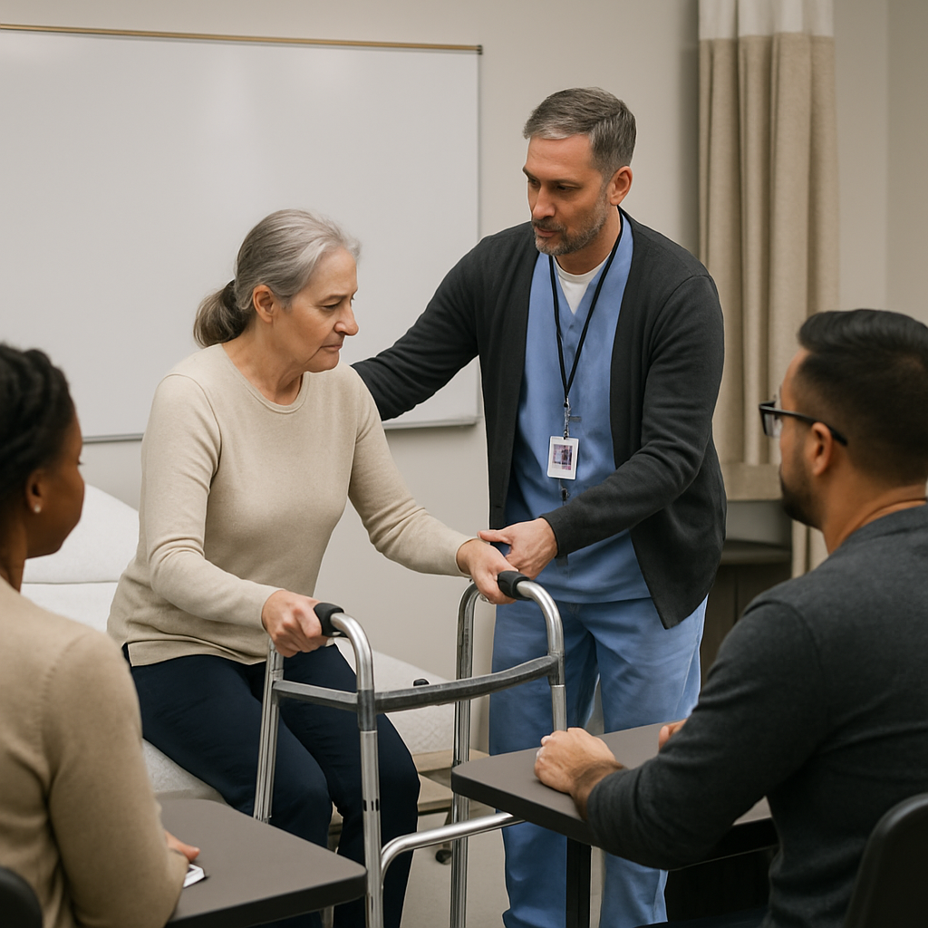 Photo realistic image of a classroom scenario where a PSW training instructor demonstrates safe transfer techniques with a mobility aid to a small group of adult students in a college skills lab, professional mood