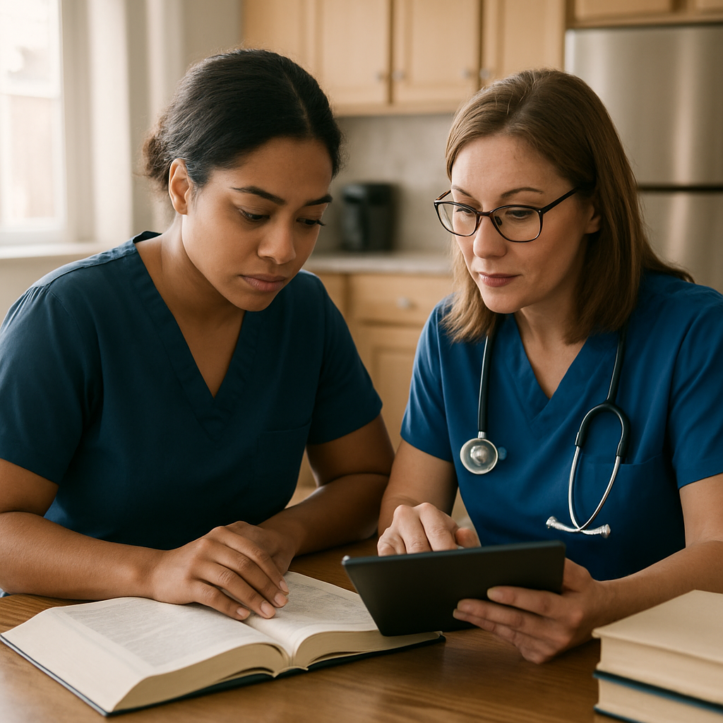 Photo realistic image of a personal support worker studying nursing textbooks at a kitchen table while a registered nurse mentors them with a tablet, showing workplace study, professional mood