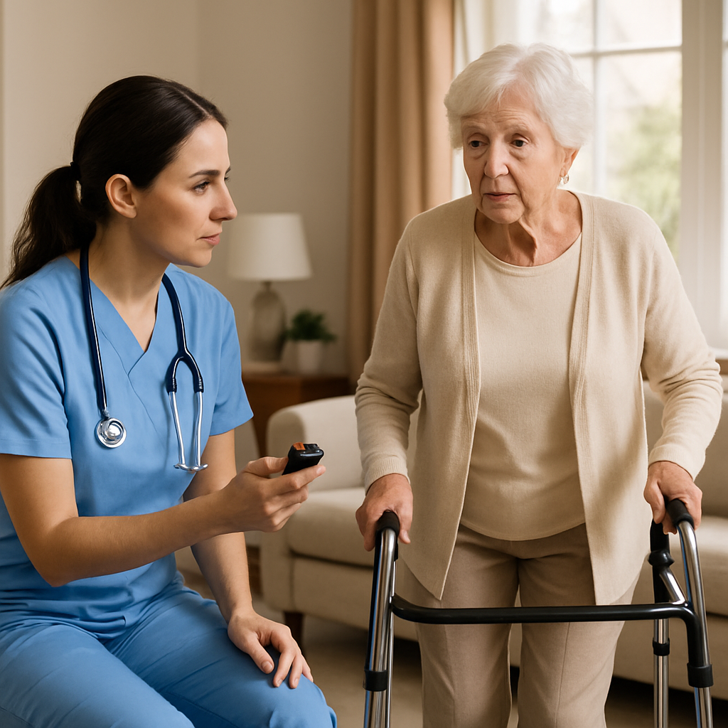 A community nurse conducting a Timed Up and Go test with an elderly woman in a well-lit living room