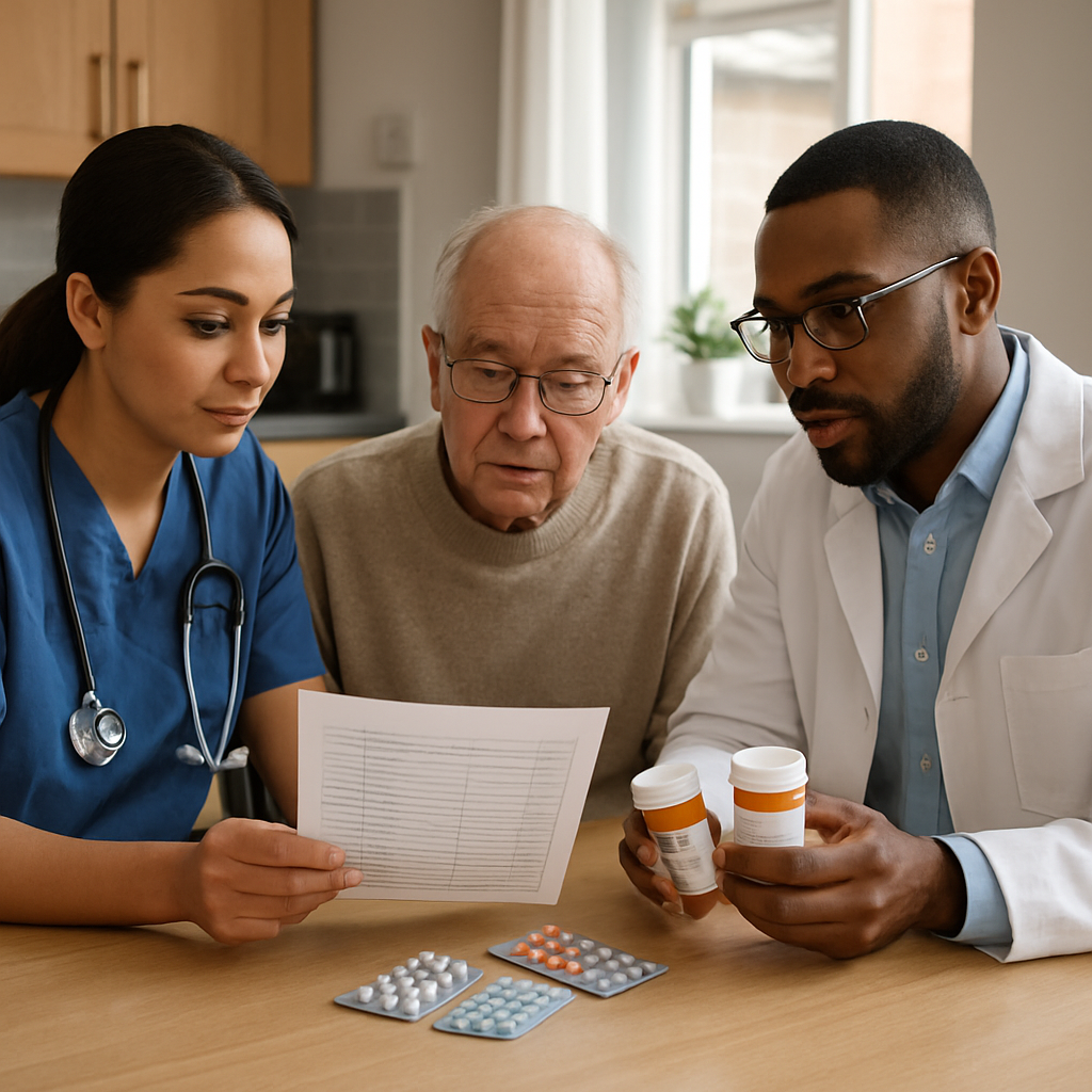 Registered nurse and community pharmacist reviewing a medication list and blister packs on a kitchen
