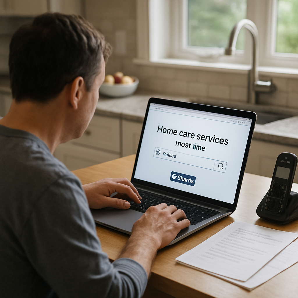 Photo realistic image of an adult child at a kitchen table using a laptop to search for home care se